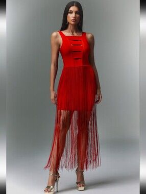 Red Fringe Mini Dress - Sleek Sleeveless Design